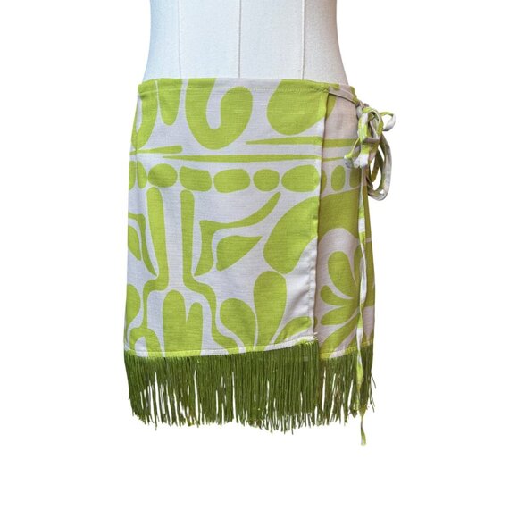 2/$30 NWT 4 Chartreuse Green Fringe Mini Wrap Skirt Abstract Pattern By PrettyLi - Picture 4 of 16